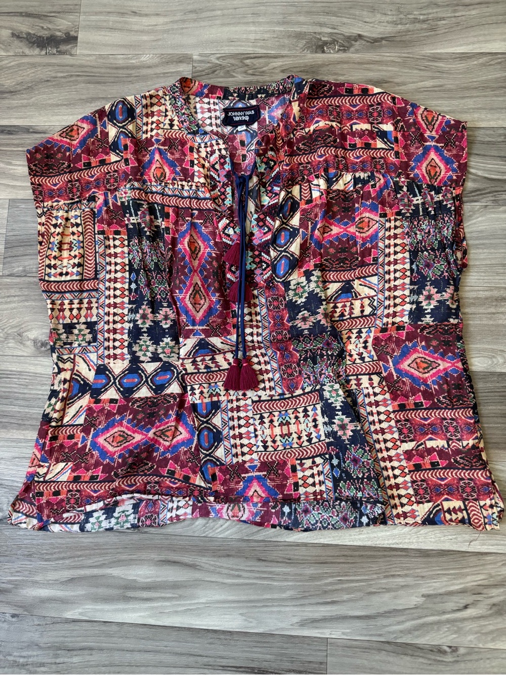 Johnny Was Bohemian Print Double Tassel Short Sleeve Top Size Extra Large